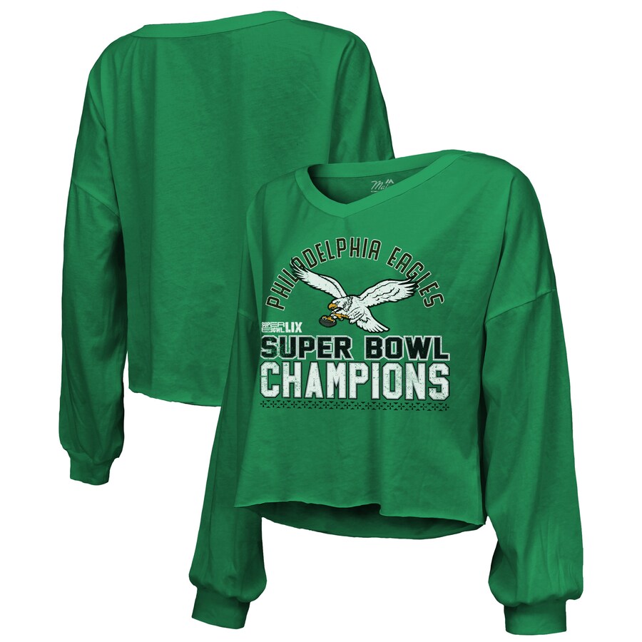 Women's Philadelphia Eagles  Majestic Threads Kelly Green Super Bowl LIX Champions Hard Count Retro Off Shoulder V-Neck Long Sleeve T-Shirt - ujerseystore