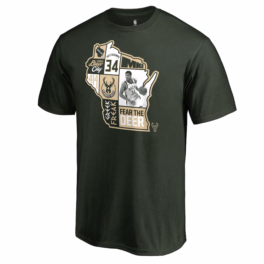 Men's Milwaukee Bucks Giannis Antetokounmpo Hunter Green Player State T-Shirt - ujerseystore