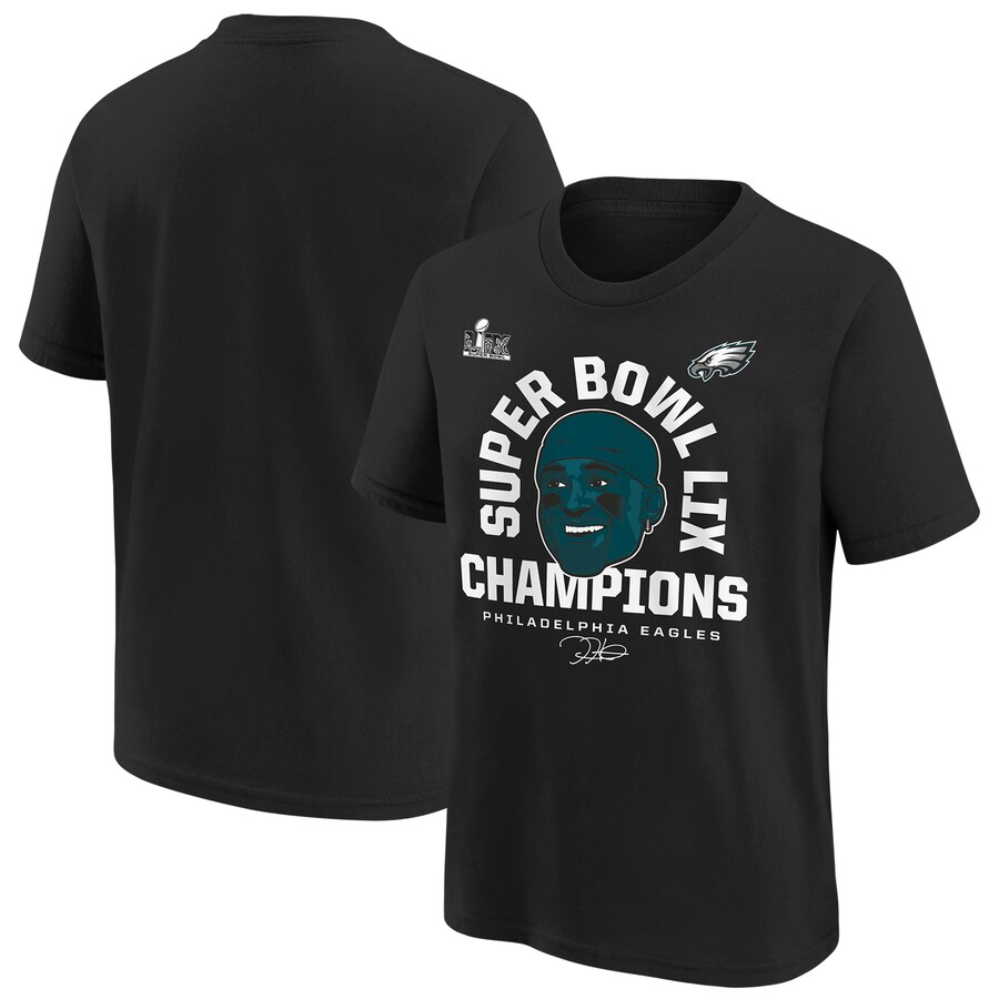 Youth Philadelphia Eagles Jalen Hurts Black Super Bowl LIX Champions Face T-Shirt - ujerseystore