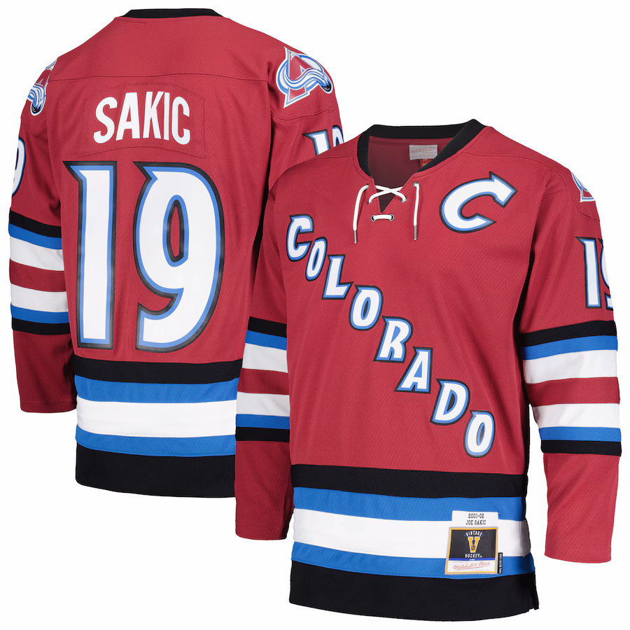 Men's Colorado Avalanche Joe Sakic Mitchell & Ness Burgundy 2001/02 Blue Line Alternate Player Jersey - ujerseystore