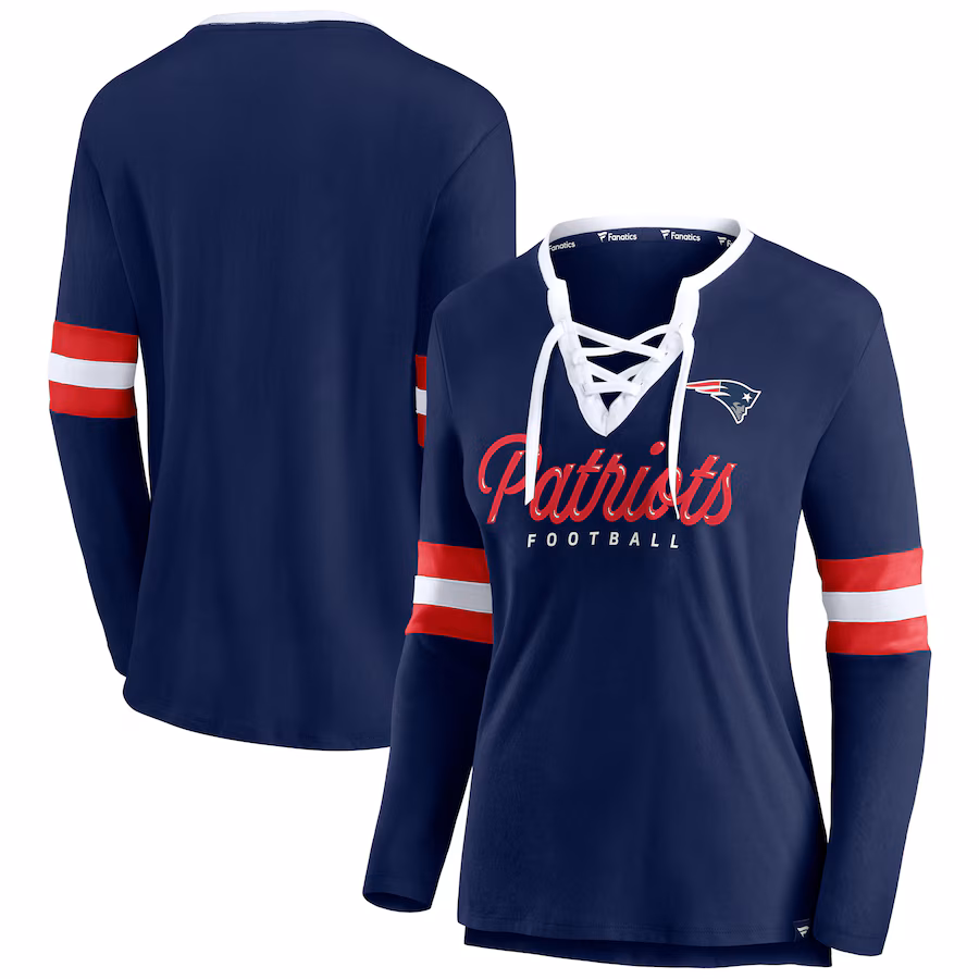 Women's New England Patriots Fanatics Navy Block Party Team Script Lace-Up Long Sleeve T-Shirt - ujerseystore