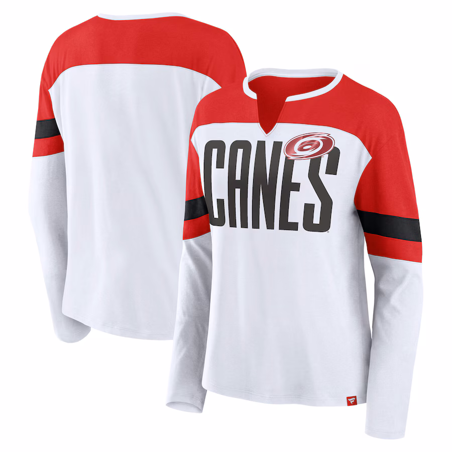 Women's Carolina Hurricanes Fanatics White/Red Frozen Long Sleeve Notch Neck T-Shirt - ujerseystore