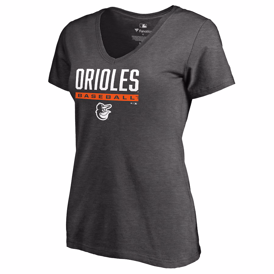 Women's Baltimore Orioles Ash Win Stripe V-Neck T-Shirt - ujerseystore