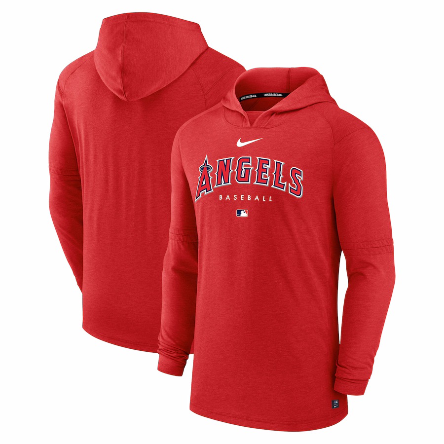 Men's Los Angeles Angels Nike Heather Red Authentic Collection Early Work Tri-Blend Performance Pullover Hoodie - ujerseystore
