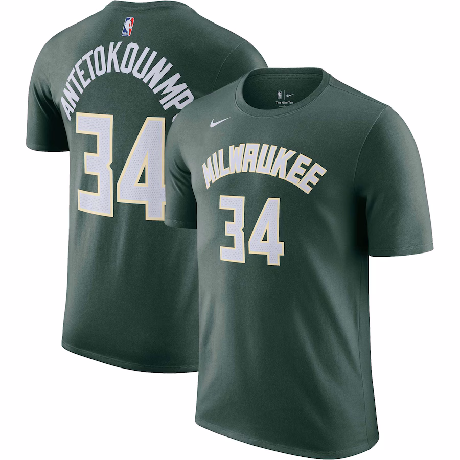 Men's Milwaukee Bucks Giannis Antetokounmpo Nike Hunter Green Icon 2022/23 Name & Number T-Shirt - ujerseystore
