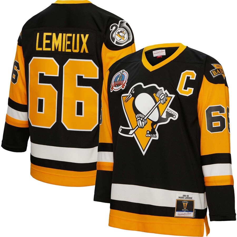 Men's Pittsburgh Penguins Mario Lemieux Mitchell & Ness Black 1991/92 Captain Patch Blue Line Player Jersey - ujerseystore