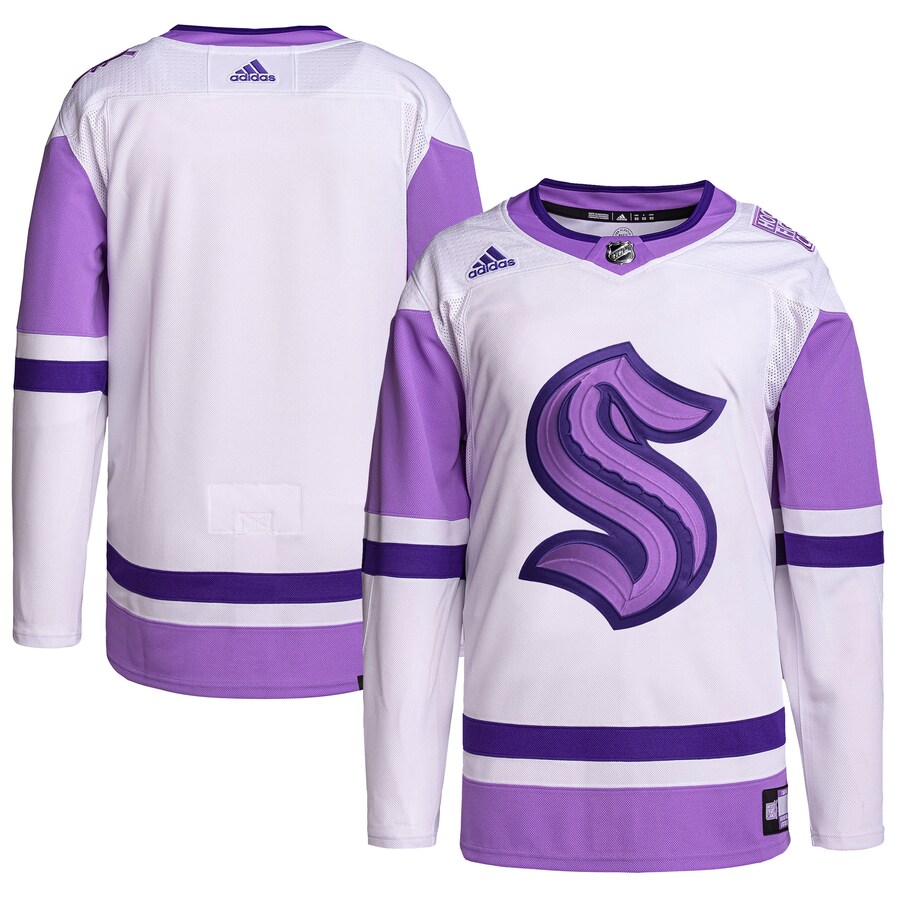 Men's Seattle Kraken adidas White/Purple Hockey Fights Cancer Primegreen Authentic Blank Practice Jersey - ujerseystore