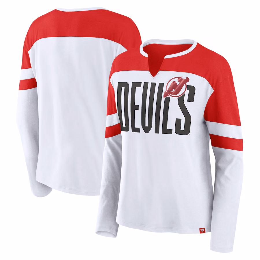 Women's New Jersey Devils Fanatics White/Red Frozen Long Sleeve Notch Neck T-Shirt - ujerseystore