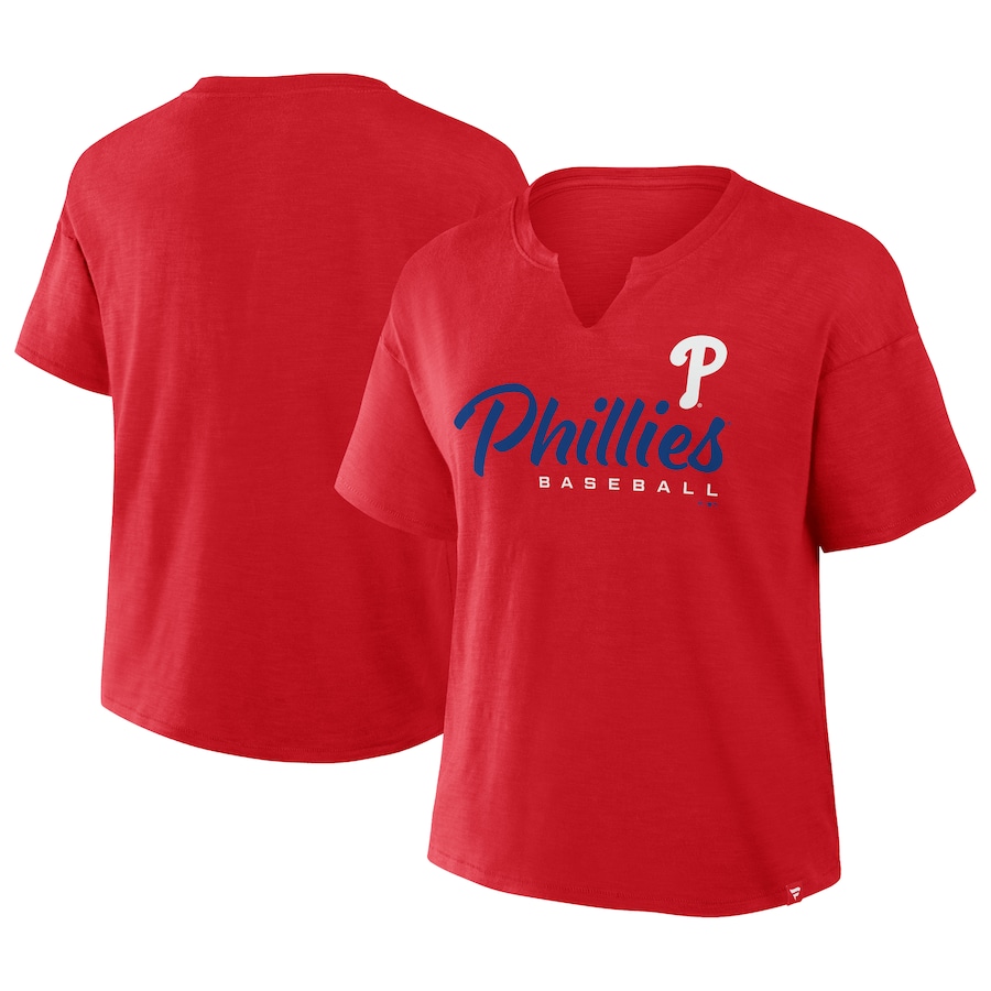 Women's Philadelphia Phillies Profile Red Plus Size Wordmark Notch Neck T-Shirt - ujerseystore