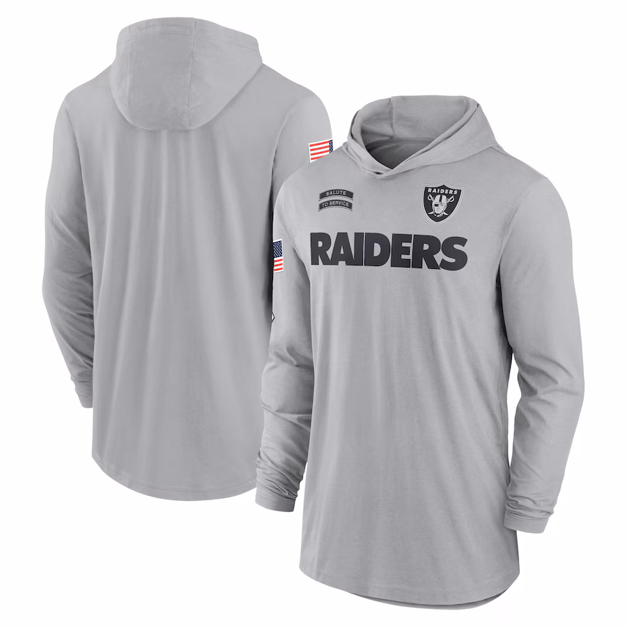 Men's Las Vegas Raiders Nike Gray 2024 Salute to Service Lightweight Performance Long Sleeve Hooded T-Shirt - ujerseystore