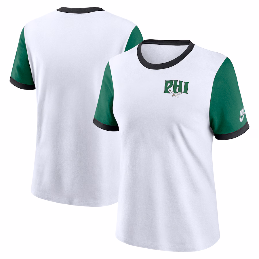 Women's Philadelphia Eagles Nike White/Kelly Green Rewind Ringer T-Shirt - ujerseystore