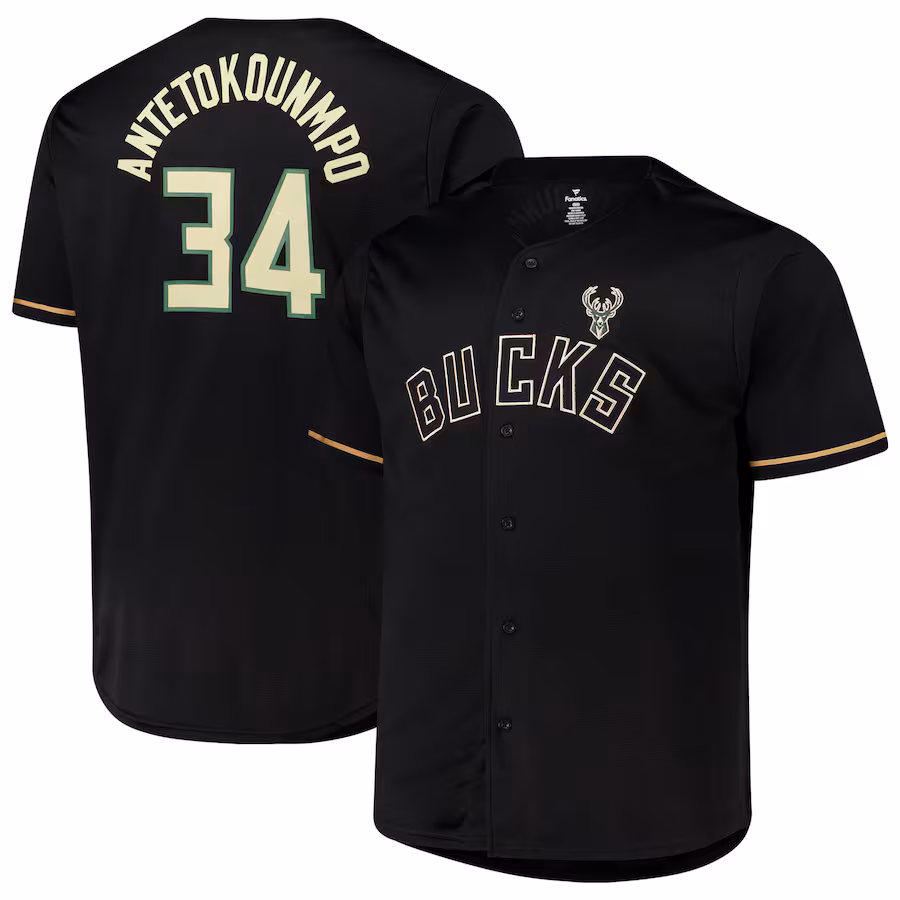 Men's Milwaukee Bucks Giannis Antetokounmpo Profile Black Big & Tall Name & Number Button-Up Jersey - ujerseystore