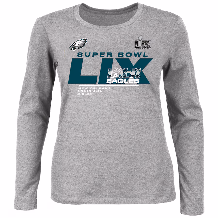 Women's Philadelphia Eagles Fanatics Heather Gray Super Bowl LIX Plus Size Quick Pass Long Sleeve Scoop Neck T-Shirt - ujerseystore