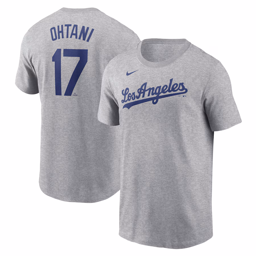 Men's Los Angeles Dodgers Shohei Ohtani Nike Gray 2024 Fuse Name & Number T-Shirt - ujerseystore