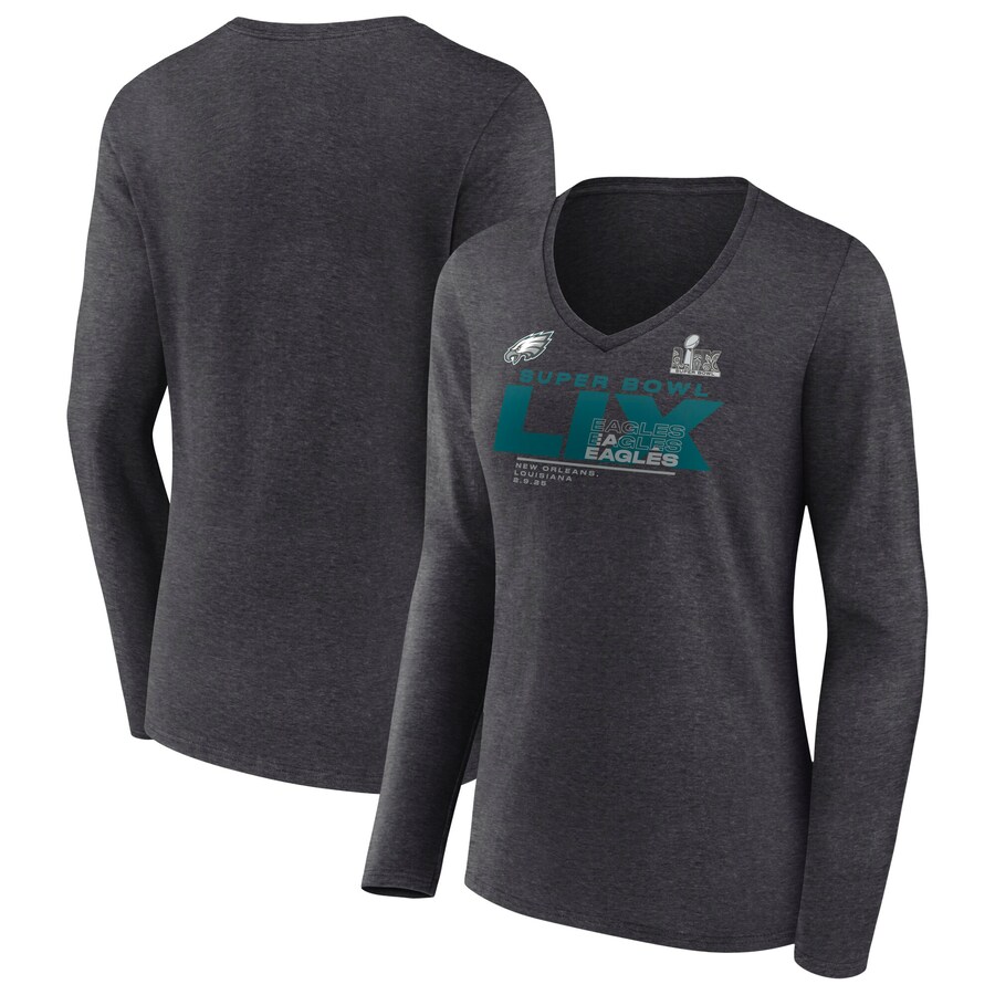Women's Philadelphia Eagles Fanatics Heather Charcoal Super Bowl LIX Quick Pass Long Sleeve V-Neck T-Shirt - ujerseystore