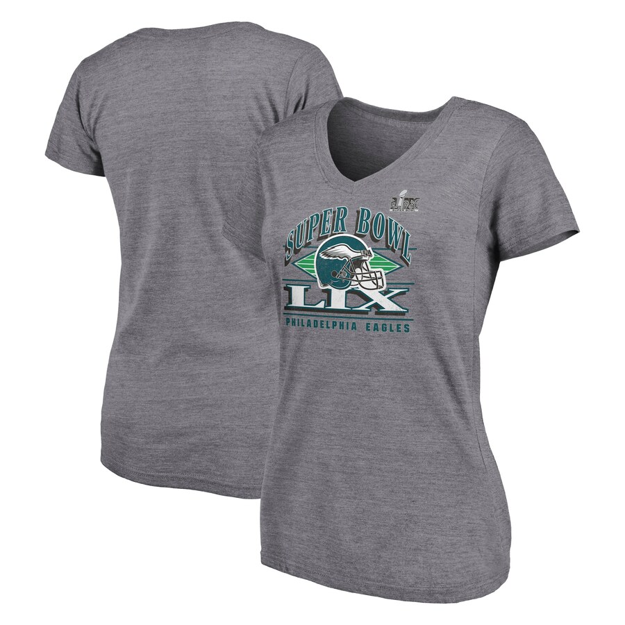 Women's Philadelphia Eagles Fanatics Heather Gray Super Bowl LIX Helmet Tri-Blend V-Neck T-Shirt - ujerseystore