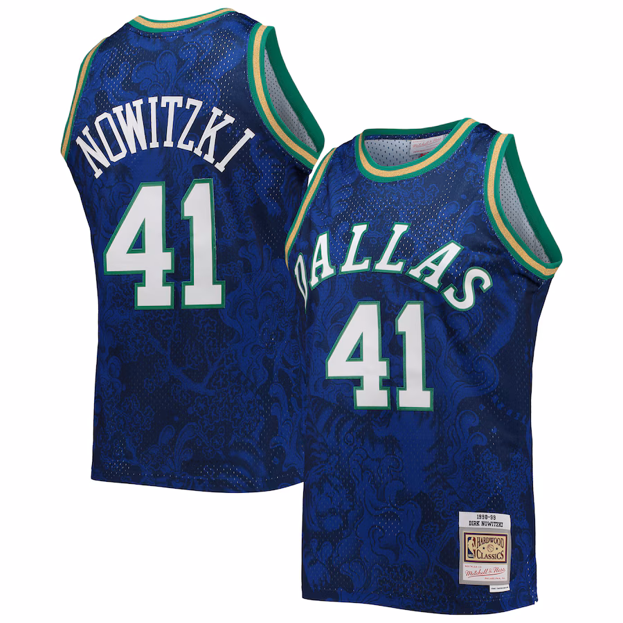 Men's Dallas Mavericks Dirk Nowitzki Mitchell & Ness Blue Hardwood Classics 1998/99 Lunar New Year Swingman Jersey - ujerseystore