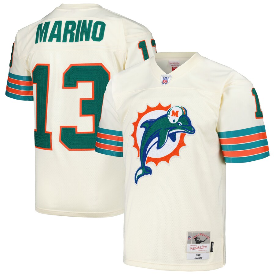 Men's Miami Dolphins Dan Marino Mitchell & Ness Cream Chainstitch Legacy Jersey - ujerseystore