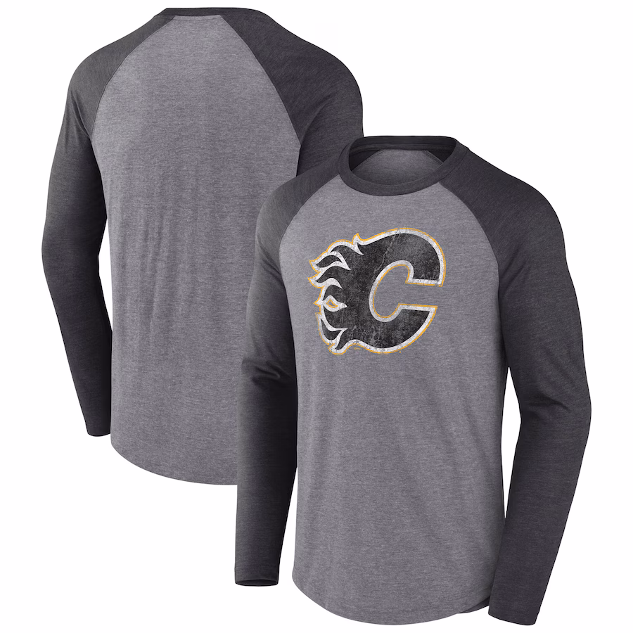 Men's Calgary Flames Fanatics Heather Gray Special Edition Long Sleeve Tri-Blend Raglan T-Shirt - ujerseystore