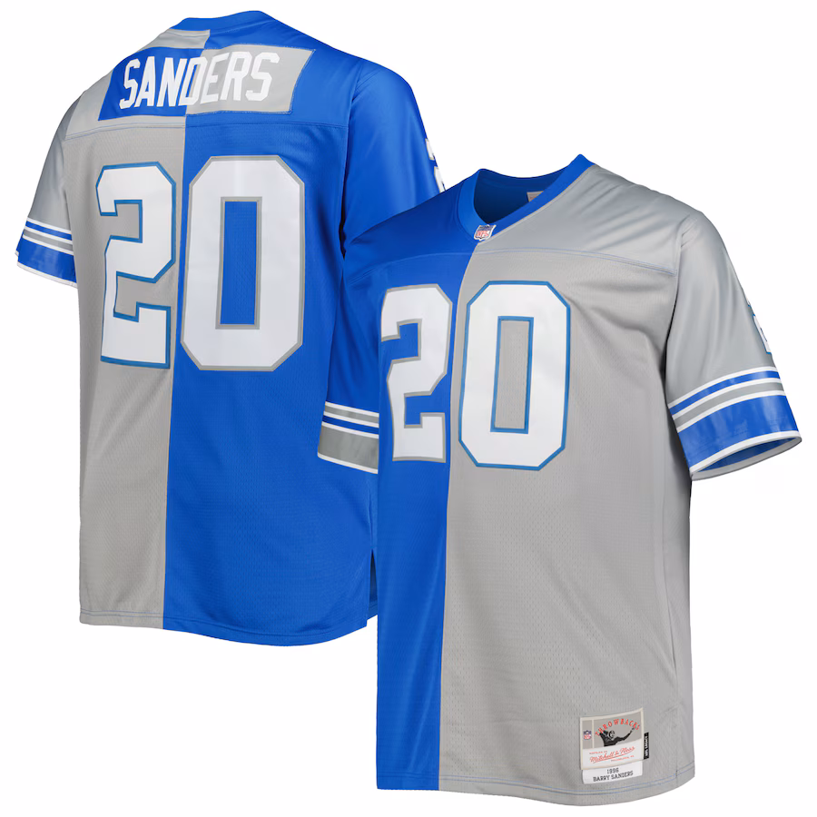 Men's Detroit Lions Barry Sanders Mitchell & Ness Blue/Silver Big & Tall Split Legacy Retired Player Replica Jersey - ujerseystore