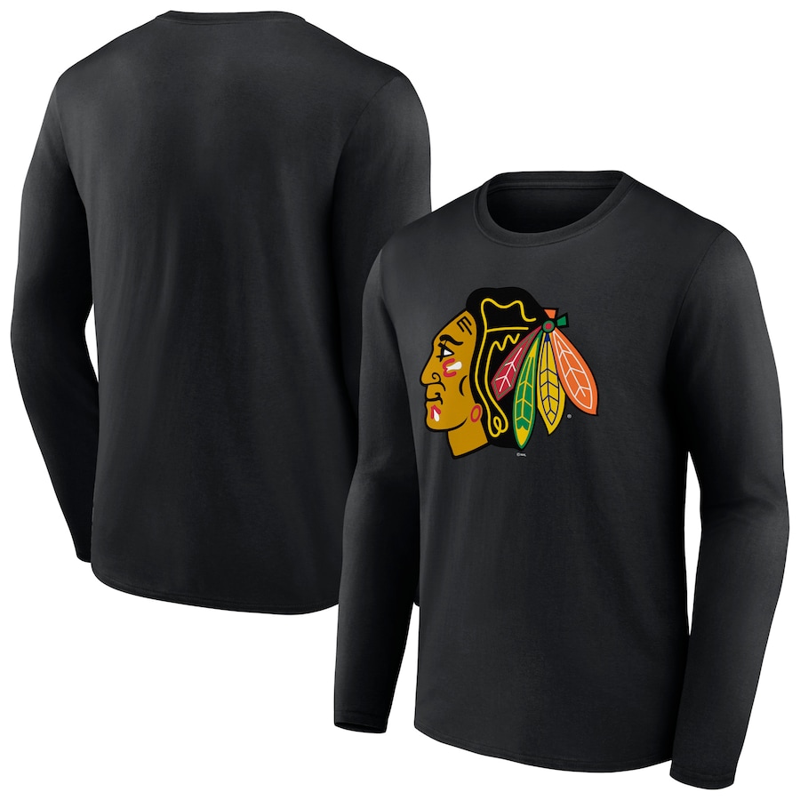 Men's Chicago Blackhawks Black Primary Logo Team Long Sleeve T-Shirt - ujerseystore