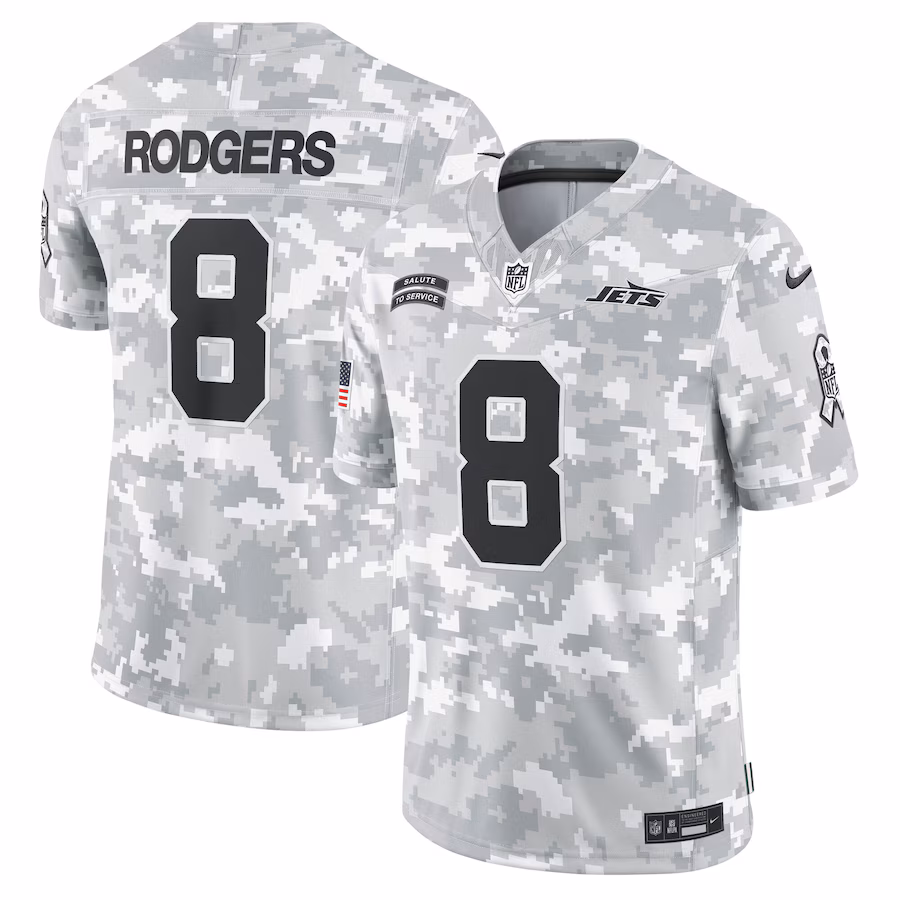 Men's New York Jets Aaron Rodgers Nike Arctic Camo 2024 Salute to Service Limited Jersey - ujerseystore