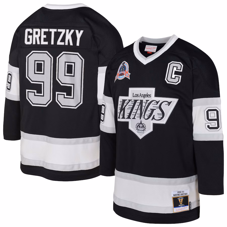 Youth Los Angeles Kings Wayne Gretzky Mitchell & Ness Black 1992/93 Captain Patch Blue Line Player Jersey - ujerseystore