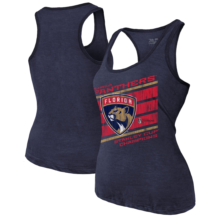 Women's Florida Panthers Majestic Threads Navy 2024 Stanley Cup Champions Tri-Blend Racerback Tank Top - ujerseystore