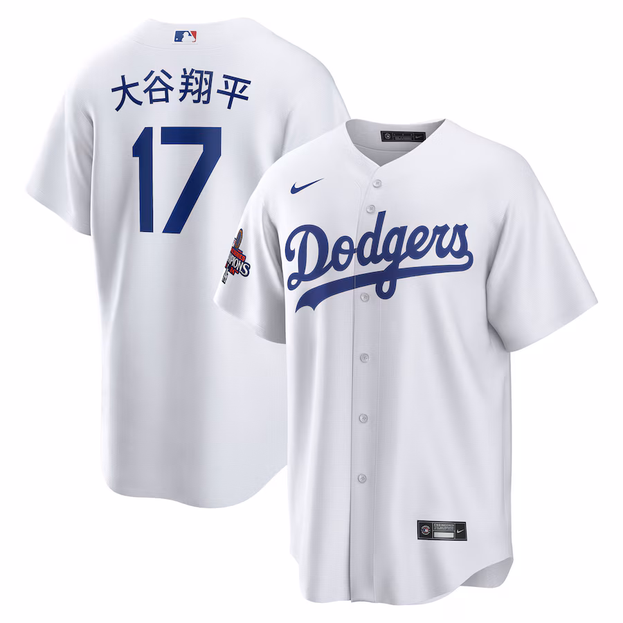 Men's Los Angeles Dodgers Shohei Ohtani Nike White 2024 World Series Champions Home Japanese Characters Replica Player Jersey - ujerseystore