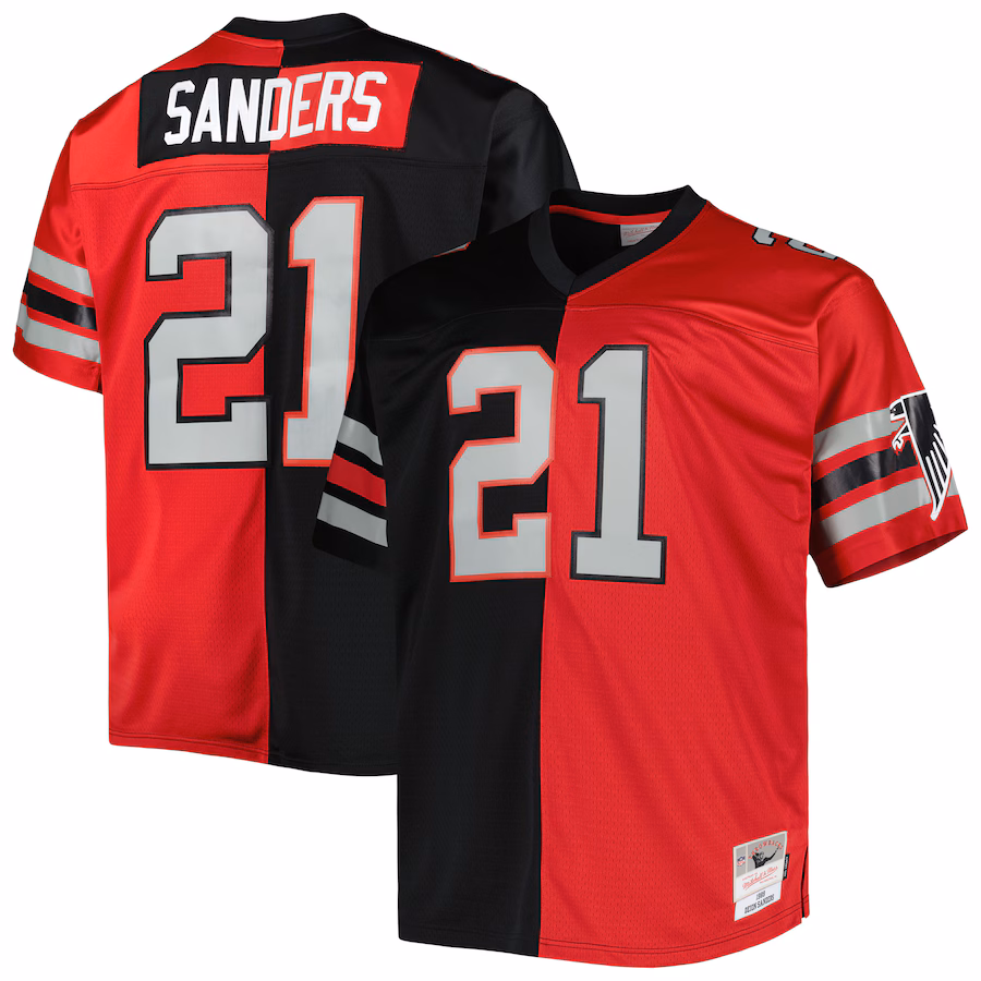 Men's Atlanta Falcons Deion Sanders Mitchell & Ness Black/Red Big & Tall Split Legacy Retired Player Replica Jersey - ujerseystore