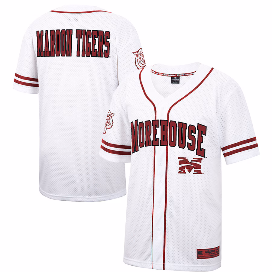 Men's Colosseum White Morehouse Maroon Tigers Free Spirited Mesh Button-Up Baseball Jersey - ujerseystore
