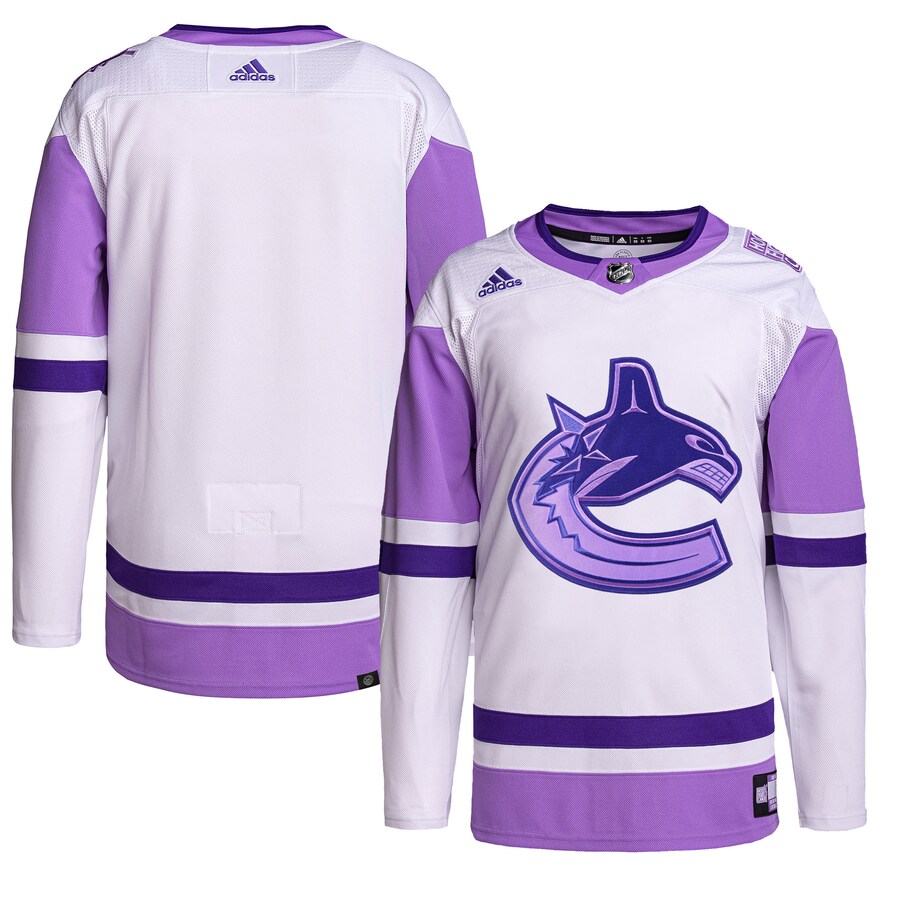 Men's Vancouver Canucks adidas White/Purple Hockey Fights Cancer Primegreen Authentic Blank Practice Jersey - ujerseystore