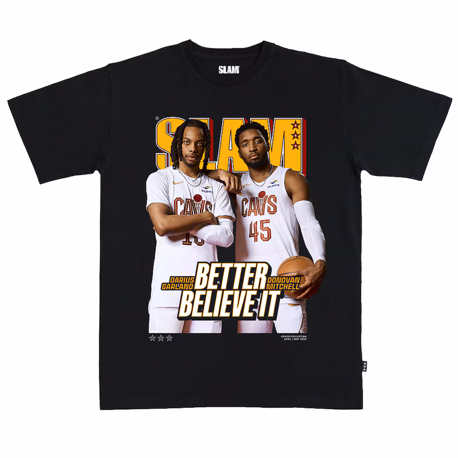 Unisex Cleveland Cavaliers Donovan Mitchell & Darius Garland SLAM Black April/May 2025 Cover Graphic T-Shirt - ujerseystore