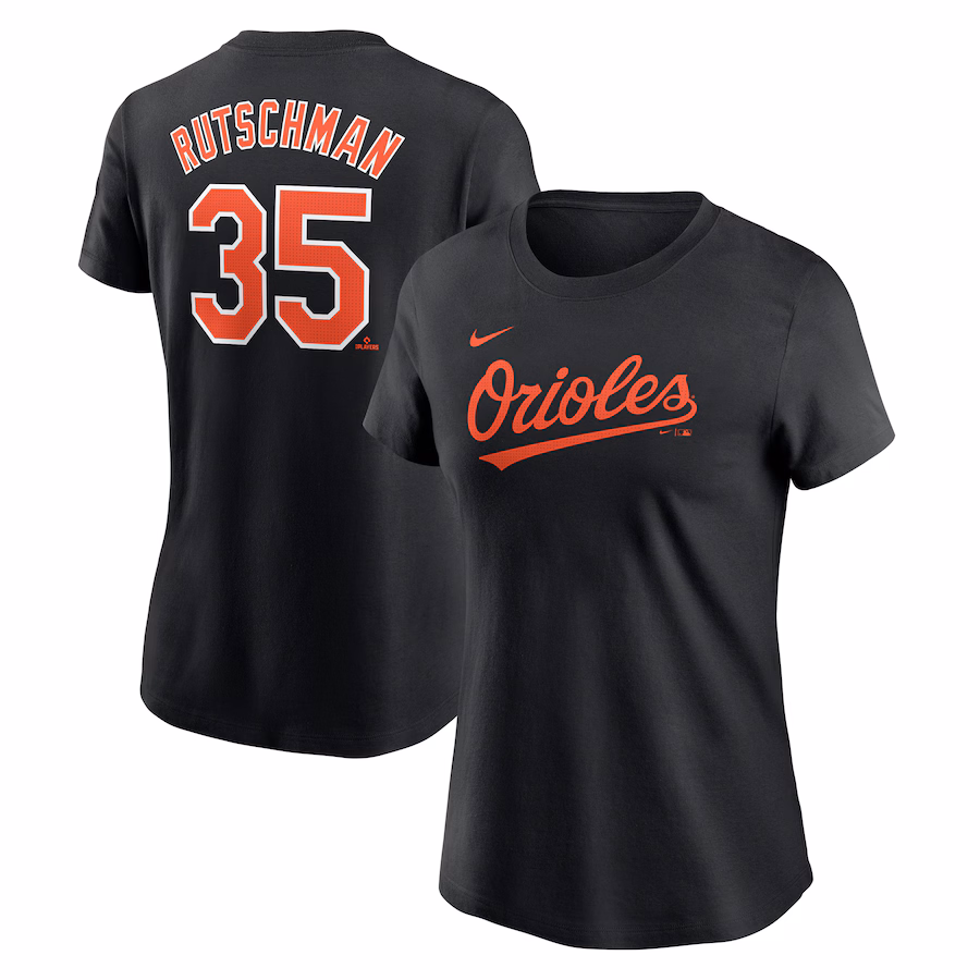 Women's Baltimore Orioles Adley Rutschman Nike Black Fuse Name & Number T-Shirt - ujerseystore