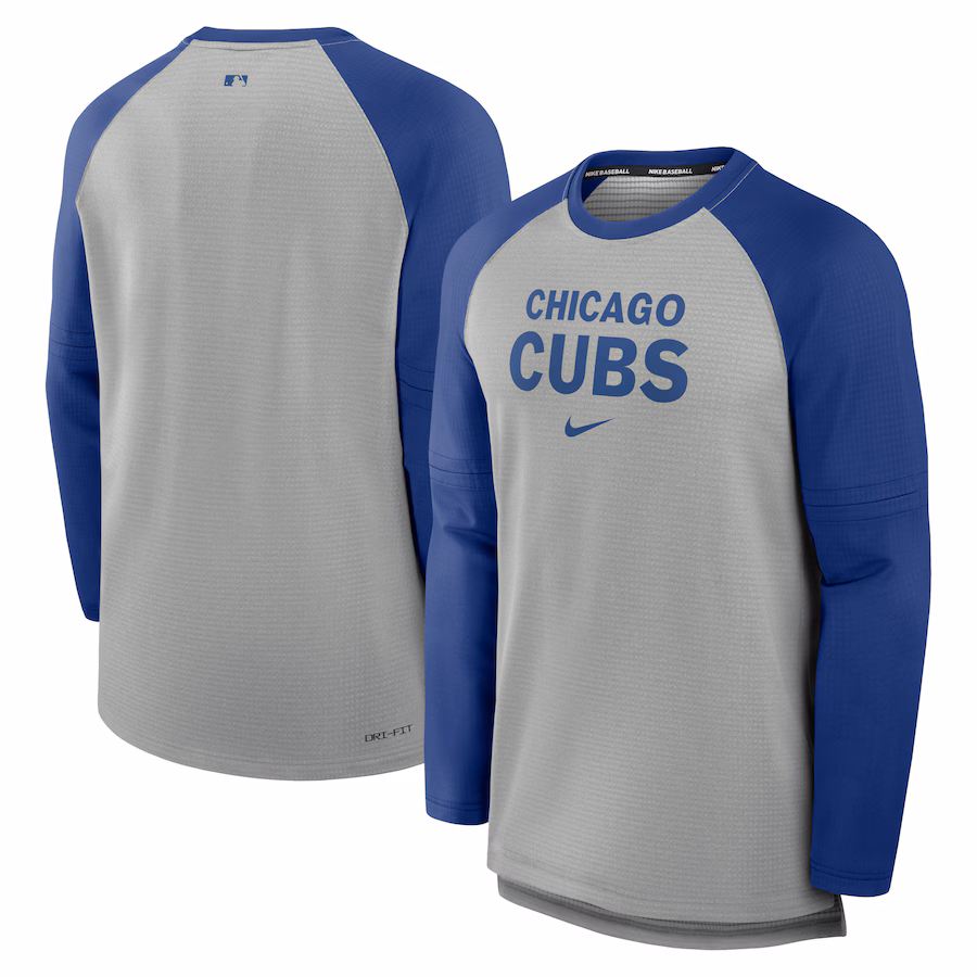 Men's Chicago Cubs Nike Heather Gray/Royal Authentic Collection Game Time Raglan Performance Long Sleeve T-Shirt - ujerseystore
