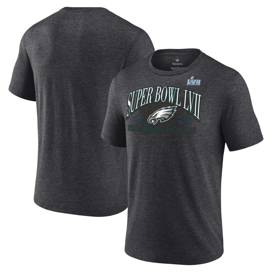 Men's Philadelphia Eagles Fanatics Heather Charcoal Super Bowl LVII Tri-Blend Triangle Strategy T-Shirt - ujerseystore