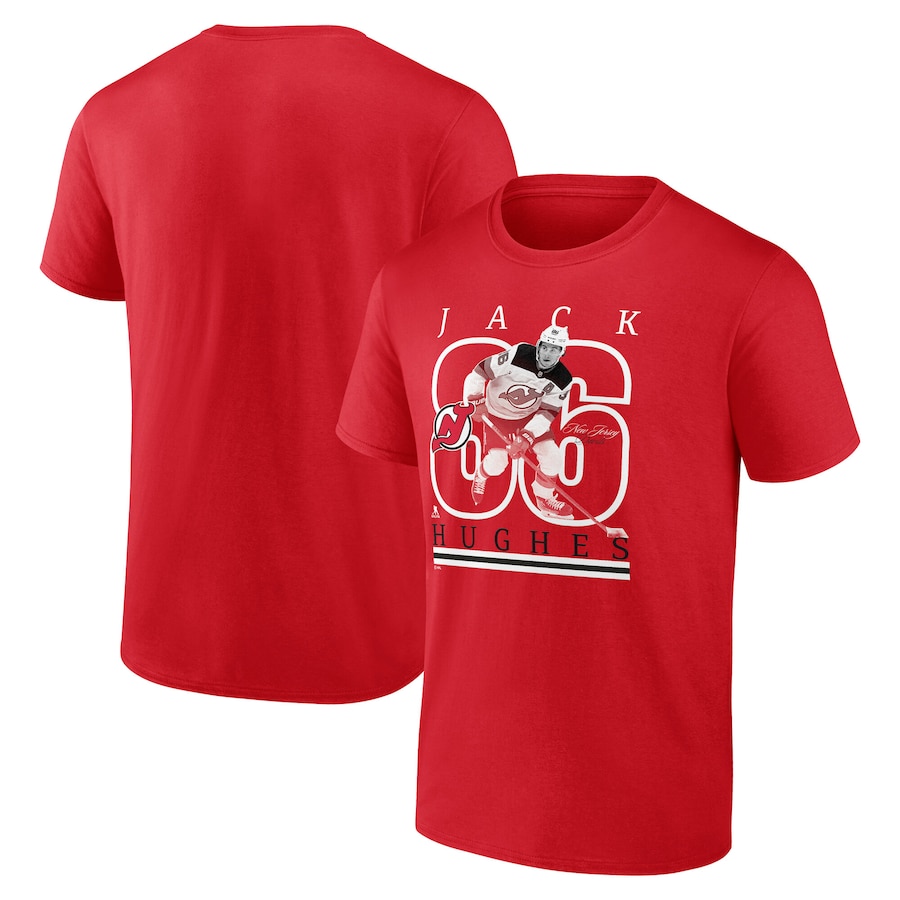 Men's New Jersey Devils Jack Hughes Fanatics Red Authentic Stack Name & Number T-Shirt - ujerseystore