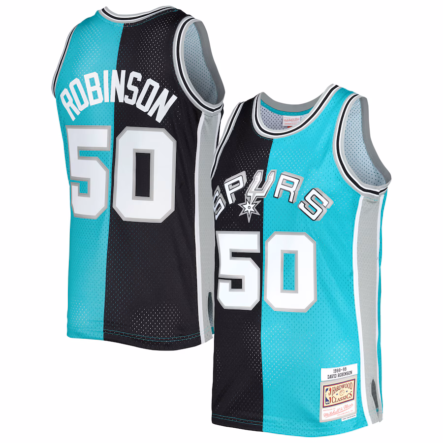 Men's San Antonio Spurs David Robinson Mitchell & Ness Black/Teal Hardwood Classics 1998/99 Split Swingman Jersey - ujerseystore