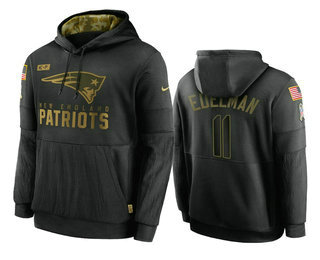 Men's New England Patriots #11 Julian Edelman Black 2020 Salute To Service Sideline Performance Pullover Hoodie - ujerseystore