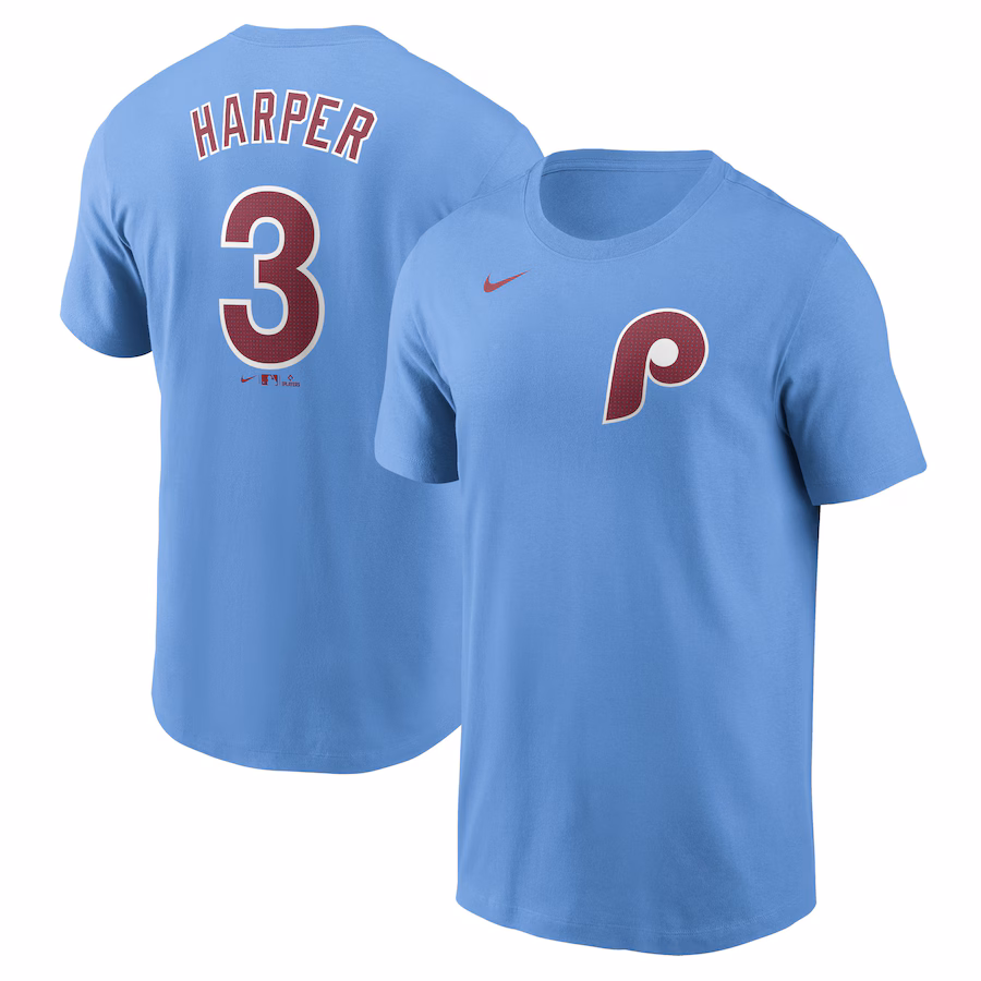 Men's Philadelphia Phillies Bryce Harper Nike Light Blue Fuse Name & Number T-Shirt - ujerseystore