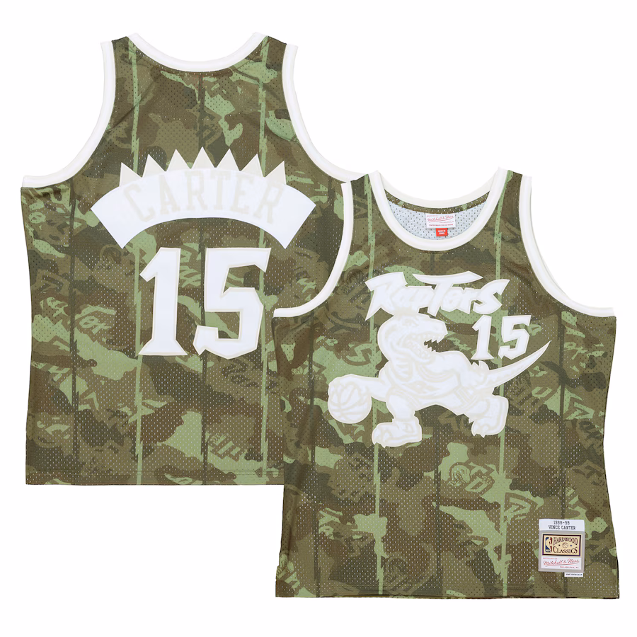 Men's Toronto Raptors Vince Carter Mitchell & Ness Camo Hardwood Classics 1998/99 Ghost Green Swingman Jersey - ujerseystore