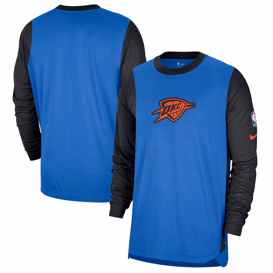 Men's Oklahoma City Thunder Nike Blue/Black 2024/25 City Edition Authentic Pregame Performance Long Sleeve Shooting T-Shirt - ujerseystore