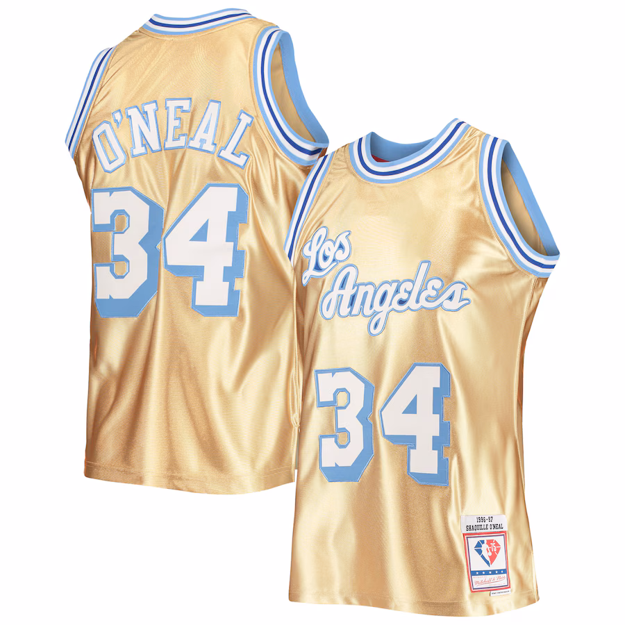 Men's Los Angeles Lakers Shaquille O'Neal Gold Mitchell & Ness 75th Anniversary 1996/97 Hardwood Classics Swingman Jersey - ujerseystore