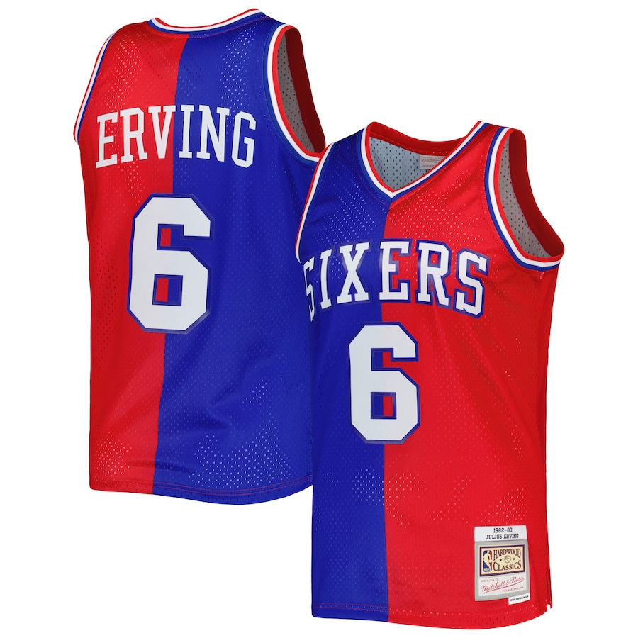 Men's Philadelphia 76ers Julius Erving Mitchell & Ness Royal/Red Hardwood Classics 1982/83 Split Swingman Jersey - ujerseystore