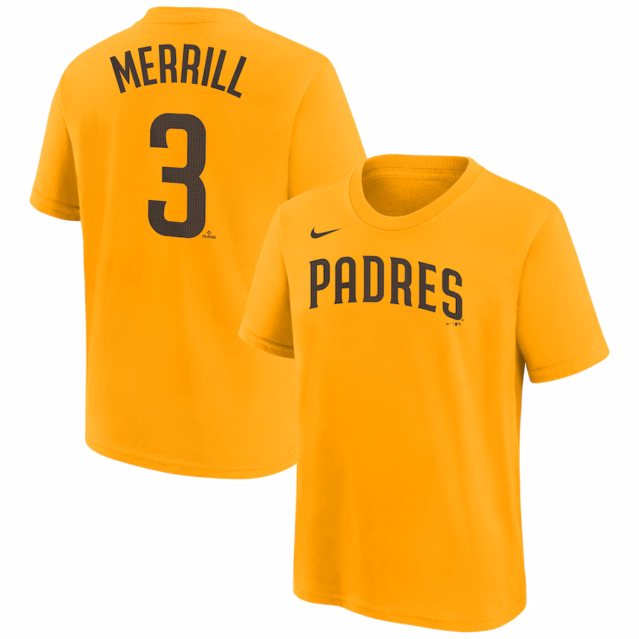 Youth San Diego Padres Jackson Merrill Nike Gold Player Name & Number T-Shirt - ujerseystore