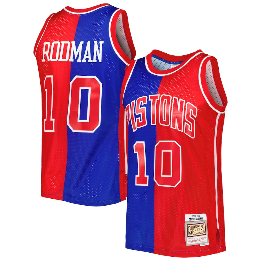 Men's Detroit Pistons Dennis Rodman Mitchell & Ness Blue/Red Hardwood Classics 1988/89 Split Swingman Jersey - ujerseystore