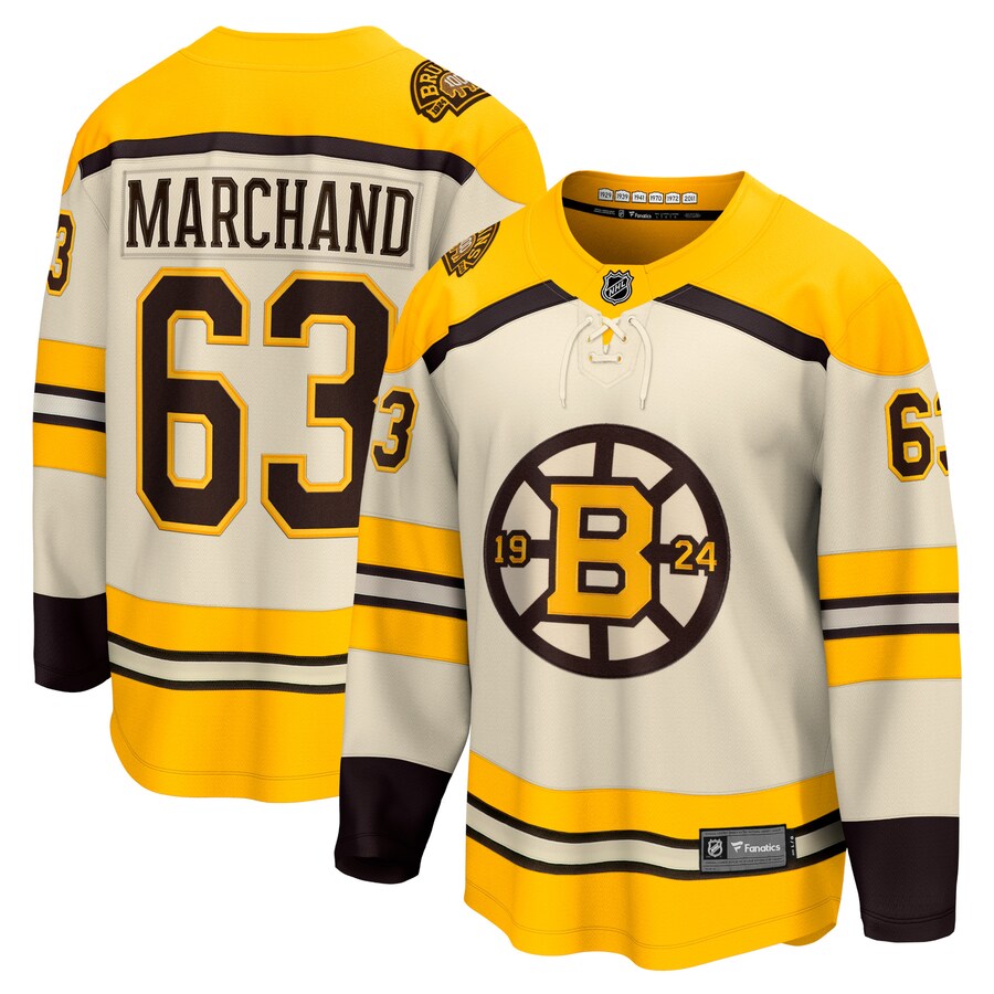 Men's Boston Bruins Brad Marchand Fanatics Branded Cream 100th Anniversary Premier Breakaway Player Jersey - ujerseystore