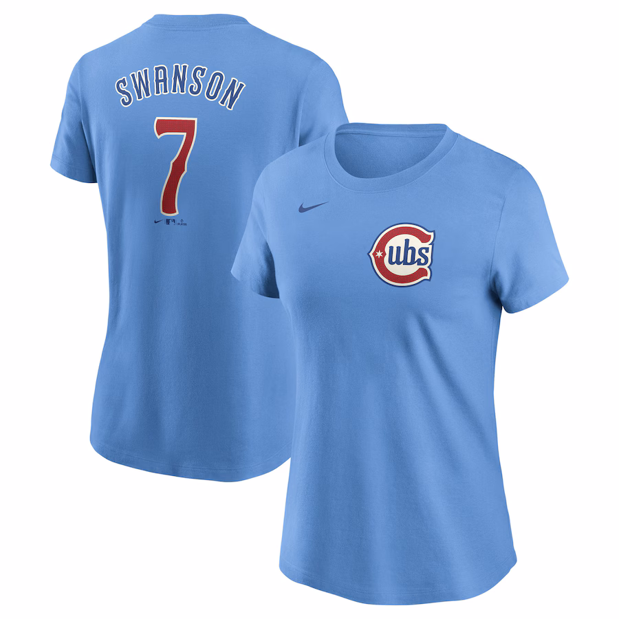 Women's Chicago Cubs Dansby Swanson Nike Baby Blue Fuse Name & Number T-Shirt - ujerseystore