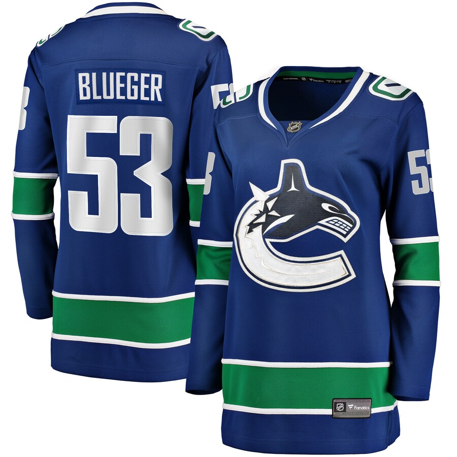 Women's Vancouver Canucks Teddy Blueger Fanatics Branded Blue Home Breakaway Player Jersey - ujerseystore