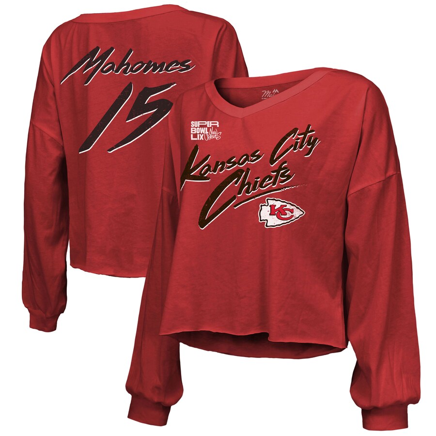Women's Kansas City Chiefs Patrick Mahomes Majestic Threads Red Super Bowl LIX Name & Number Off-Shoulder Script Long Sleeve V-Neck T-Shirt - ujerseystore